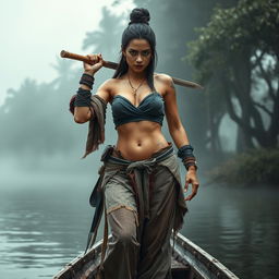 A high-detailed image of a female pirate from the Ayutthaya period, embodying a fierce and determined appearance