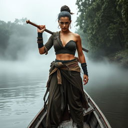 A high-detailed image of a female pirate from the Ayutthaya period, embodying a fierce and determined appearance
