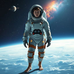 A 29-year-old astronaut wearing a detailed and futuristic space suit, standing barefoot in the vastness of space