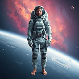 A 29-year-old astronaut wearing a detailed and futuristic space suit, standing barefoot in the vastness of space