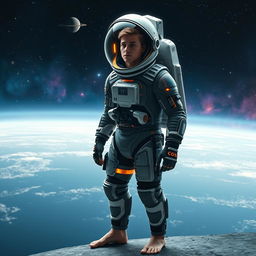 A 29-year-old astronaut wearing a detailed and futuristic space suit, standing barefoot in the vastness of space