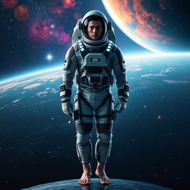 A 29-year-old astronaut wearing a detailed and futuristic space suit, standing barefoot in the vastness of space