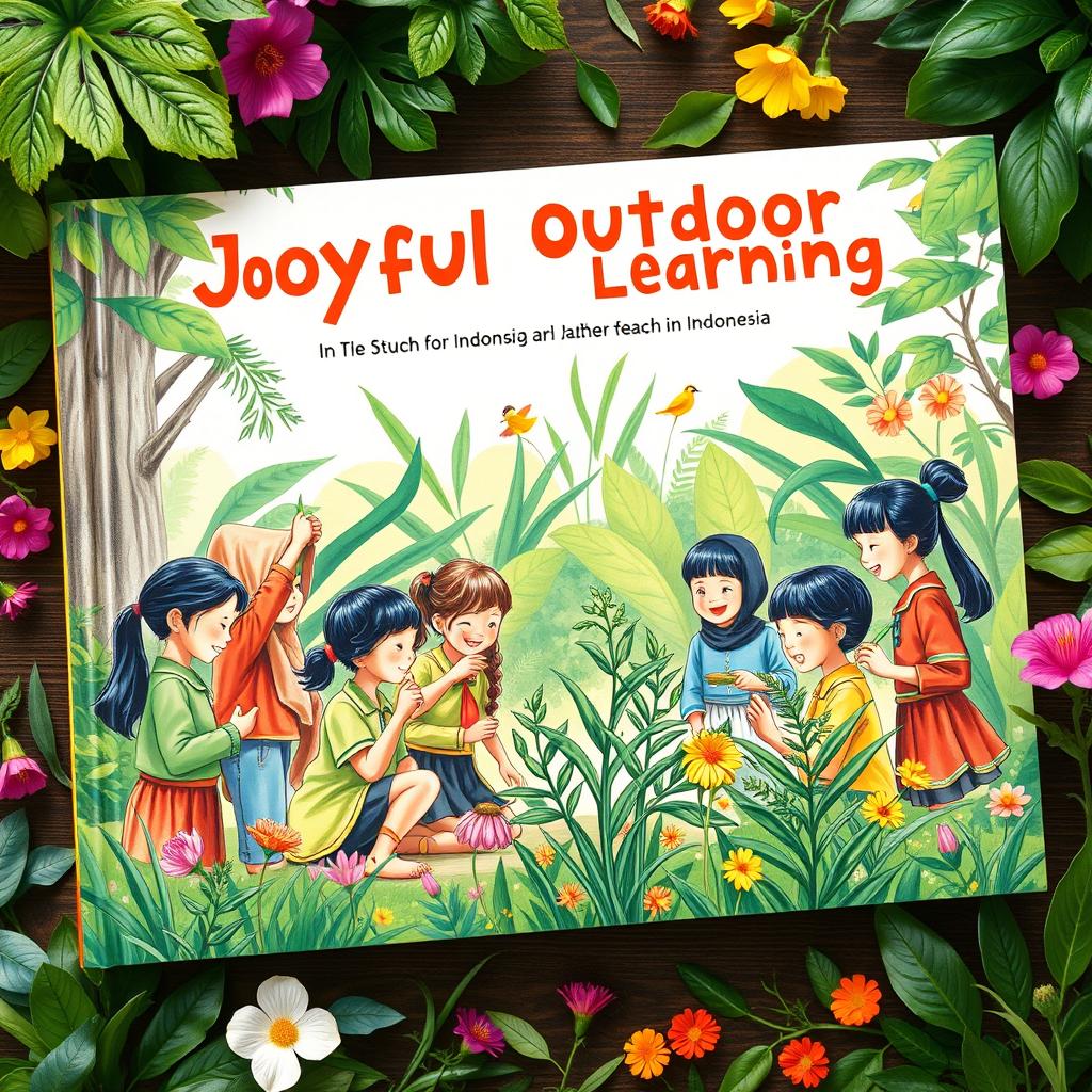 A book cover design illustrating joyful outdoor learning between students and a teacher in Indonesia