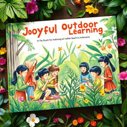 A book cover design illustrating joyful outdoor learning between students and a teacher in Indonesia