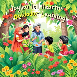 A book cover design illustrating joyful outdoor learning between students and a teacher in Indonesia