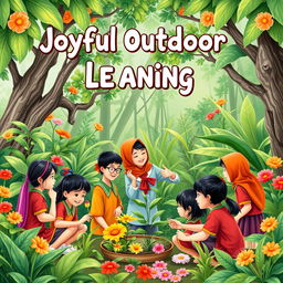 A book cover design illustrating joyful outdoor learning between students and a teacher in Indonesia
