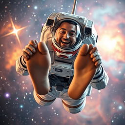 A male astronaut floating in space, wearing a high-tech space suit, with the helmet removed and a joyful expression on his face