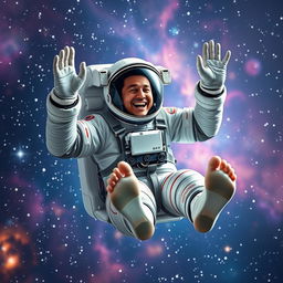 A male astronaut floating in space, wearing a high-tech space suit, with the helmet removed and a joyful expression on his face