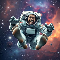 A male astronaut floating in space, wearing a high-tech space suit, with the helmet removed and a joyful expression on his face