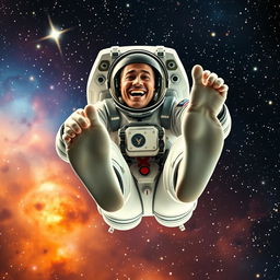 A male astronaut floating in space, wearing a high-tech space suit, with the helmet removed and a joyful expression on his face