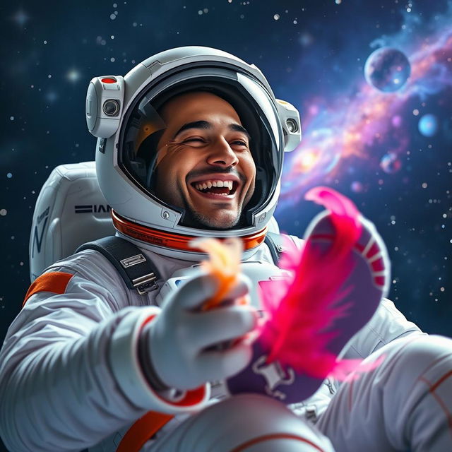 A male astronaut in a futuristic space suit, laughing joyfully as his soles are playfully tickled by soft feathers