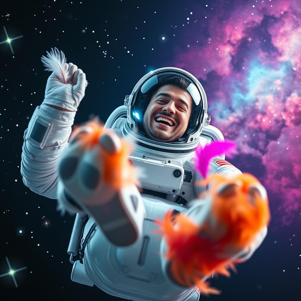 A male astronaut in a futuristic space suit, laughing joyfully as his soles are playfully tickled by soft feathers