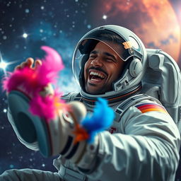 A male astronaut in a futuristic space suit, laughing joyfully as his soles are playfully tickled by soft feathers