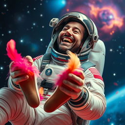 A male astronaut in a futuristic space suit, laughing joyfully as his soles are playfully tickled by soft feathers