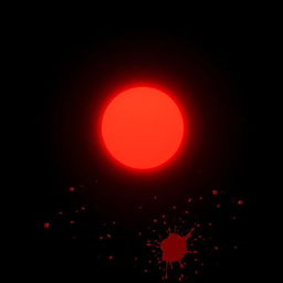 A striking image featuring a black background that emphasizes a bold red sun glowing ominously in the sky