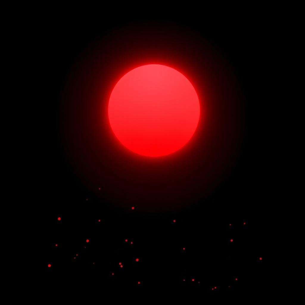 A striking image featuring a black background that emphasizes a bold red sun glowing ominously in the sky