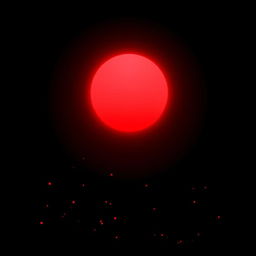 A striking image featuring a black background that emphasizes a bold red sun glowing ominously in the sky