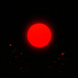 A striking image featuring a black background that emphasizes a bold red sun glowing ominously in the sky