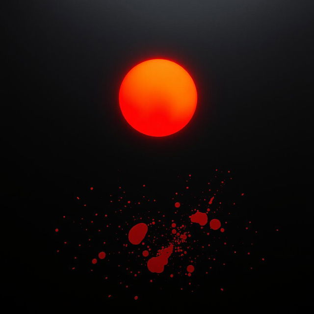 A striking image featuring a black background that emphasizes a bold red sun glowing ominously in the sky