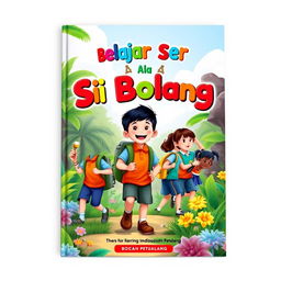 A vibrant book cover design for "Belajar Seru Ala Si Bolang (Bocah Petualang)" showcasing joyful learning in an outdoor setting in Indonesia
