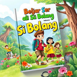 A vibrant book cover design for "Belajar Seru Ala Si Bolang (Bocah Petualang)" showcasing joyful learning in an outdoor setting in Indonesia