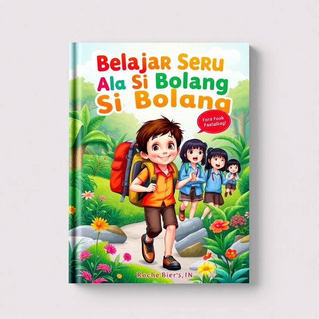 A vibrant book cover design for "Belajar Seru Ala Si Bolang (Bocah Petualang)" showcasing joyful learning in an outdoor setting in Indonesia