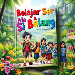 A vibrant book cover design for "Belajar Seru Ala Si Bolang (Bocah Petualang)" showcasing joyful learning in an outdoor setting in Indonesia