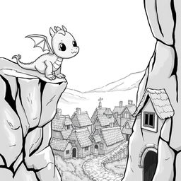 A cute and whimsical dragon in a medieval setting, playfully perched on a rocky cliff with a gentle smile