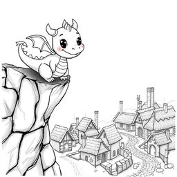 A cute and whimsical dragon in a medieval setting, playfully perched on a rocky cliff with a gentle smile