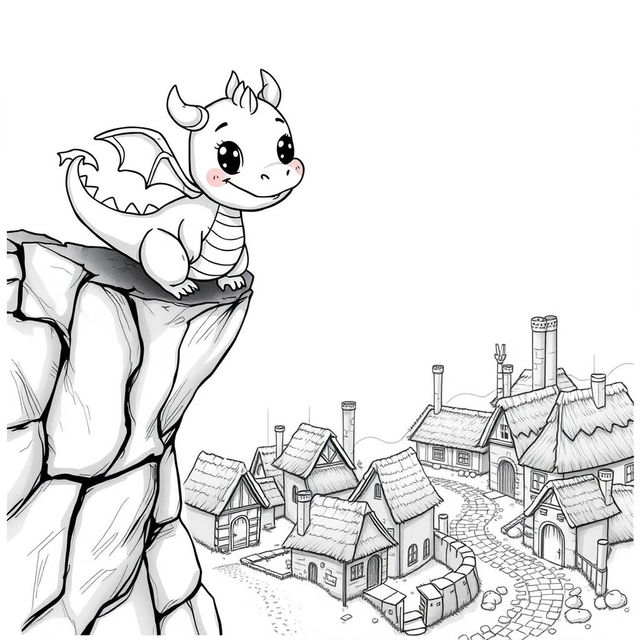 A cute and whimsical dragon in a medieval setting, playfully perched on a rocky cliff with a gentle smile