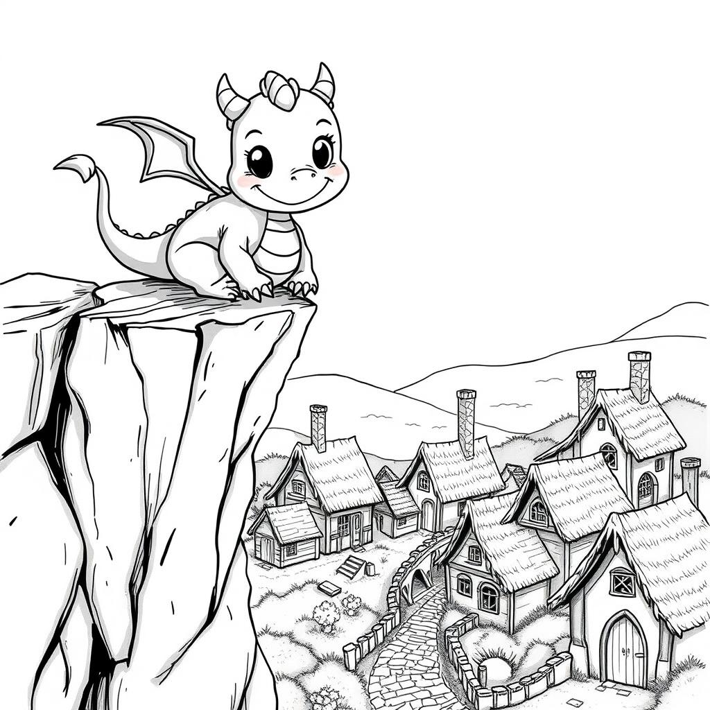 A cute and whimsical dragon in a medieval setting, playfully perched on a rocky cliff with a gentle smile