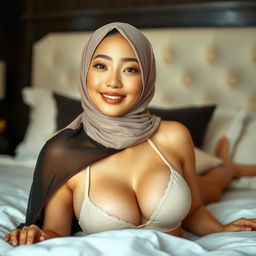 A realistic Asian woman in an open style hijab, exuding confidence and allure, elegantly lounging in a bedroom setting