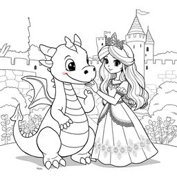 A cute, whimsical dragon in a medieval setting, featuring a medieval princess gently touching the nose of the dragon
