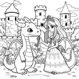 A cute, whimsical dragon in a medieval setting, featuring a medieval princess gently touching the nose of the dragon