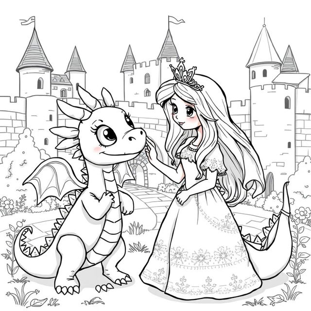 A cute, whimsical dragon in a medieval setting, featuring a medieval princess gently touching the nose of the dragon