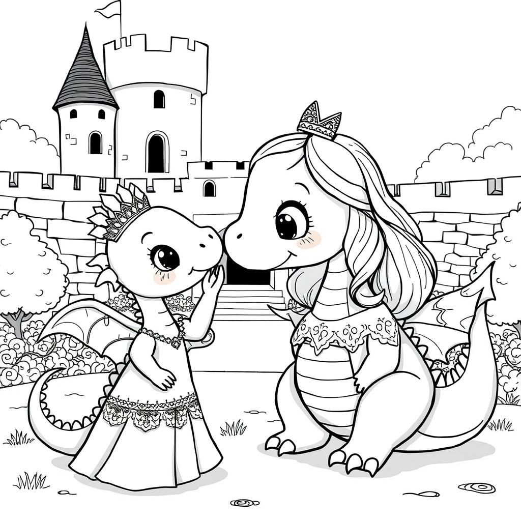 A cute, whimsical dragon in a medieval setting, featuring a medieval princess gently touching the nose of the dragon