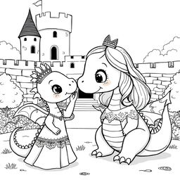 A cute, whimsical dragon in a medieval setting, featuring a medieval princess gently touching the nose of the dragon