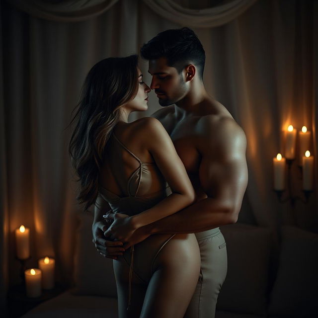 A sensual and intimate scene featuring an elegant couple in a dimly lit room, wrapped in each other's arms