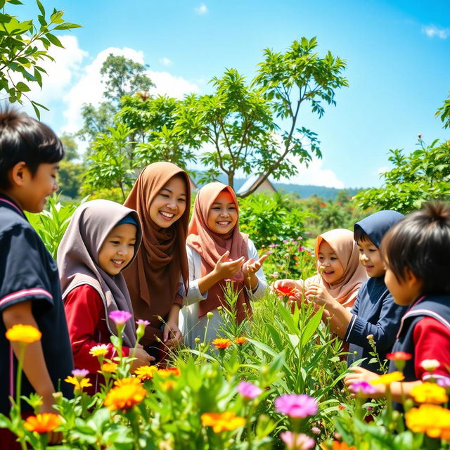 A lively scene depicting joyful learning between students and a teacher in Indonesia, set in an outdoor environment