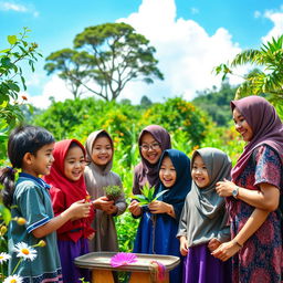 A lively scene depicting joyful learning between students and a teacher in Indonesia, set in an outdoor environment