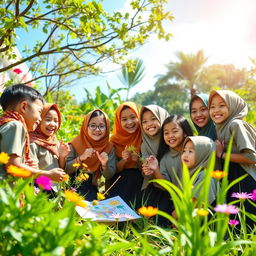 A lively scene depicting joyful learning between students and a teacher in Indonesia, set in an outdoor environment