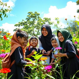 A lively scene depicting joyful learning between students and a teacher in Indonesia, set in an outdoor environment