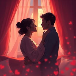 A romantic and intimate scene depicting a couple in a soft-lit room, embracing tenderly