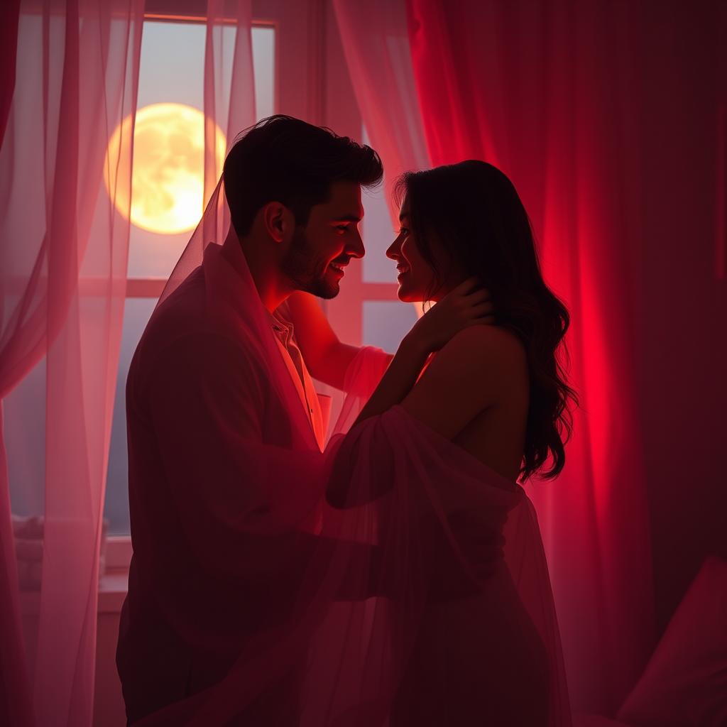 A romantic and intimate scene depicting a couple in a soft-lit room, embracing tenderly