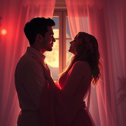 A romantic and intimate scene depicting a couple in a soft-lit room, embracing tenderly