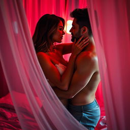 A romantic and intimate scene depicting a couple in a softly lit bedroom, sharing a passionate embrace