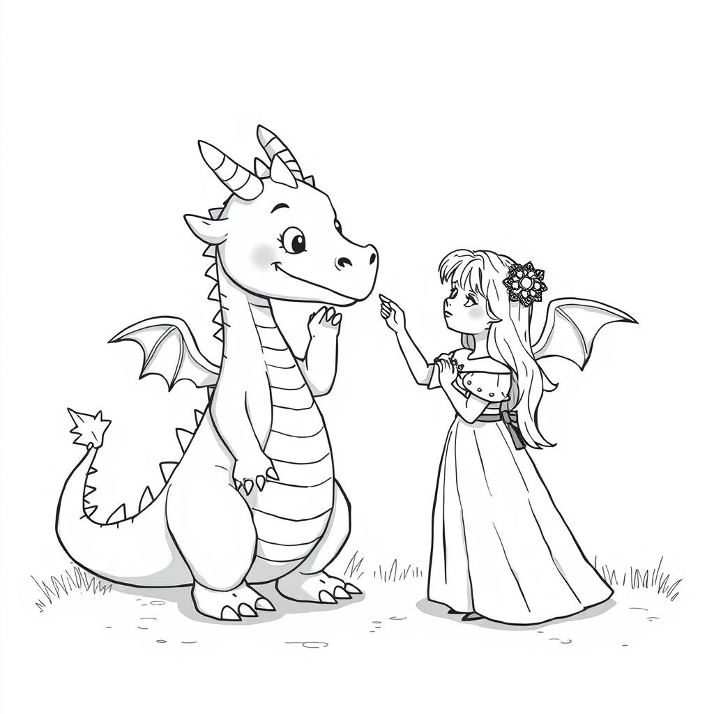 A cute, whimsical dragon in a medieval setting, bigger than a medieval princess, as she lovingly touches its nose