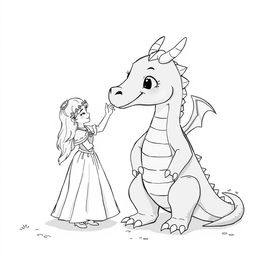 A cute, whimsical dragon in a medieval setting, bigger than a medieval princess, as she lovingly touches its nose