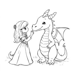 A cute, whimsical dragon in a medieval setting, bigger than a medieval princess, as she lovingly touches its nose