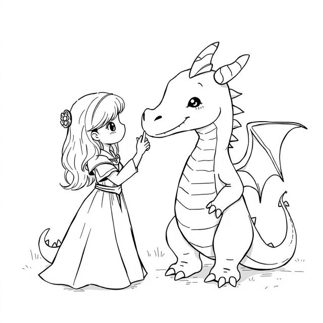 A cute, whimsical dragon in a medieval setting, bigger than a medieval princess, as she lovingly touches its nose